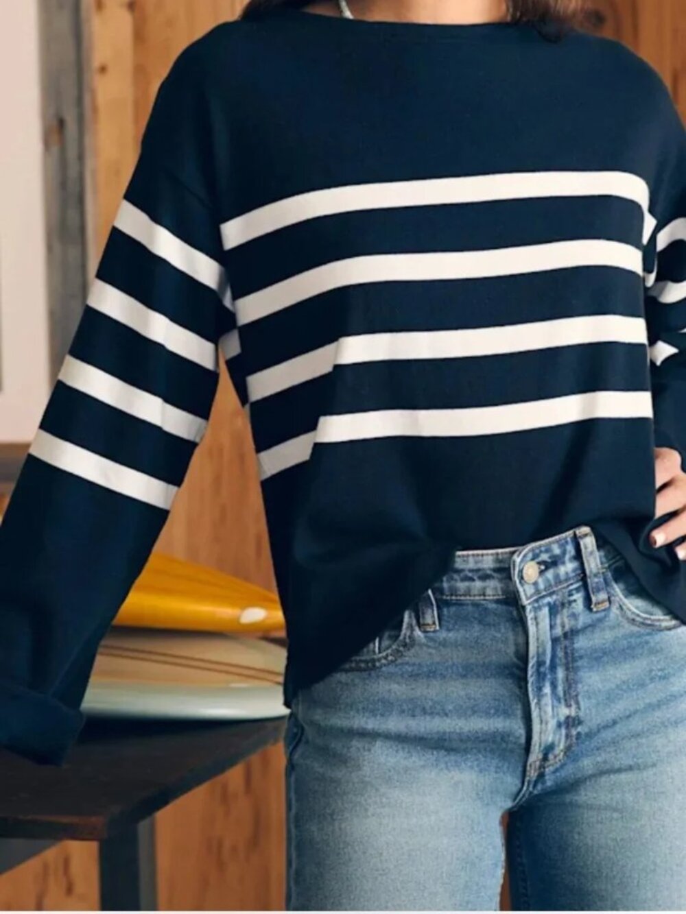 Faherty Rugby Stripe Boat Neck Long Sleeve Organic Cotton Top